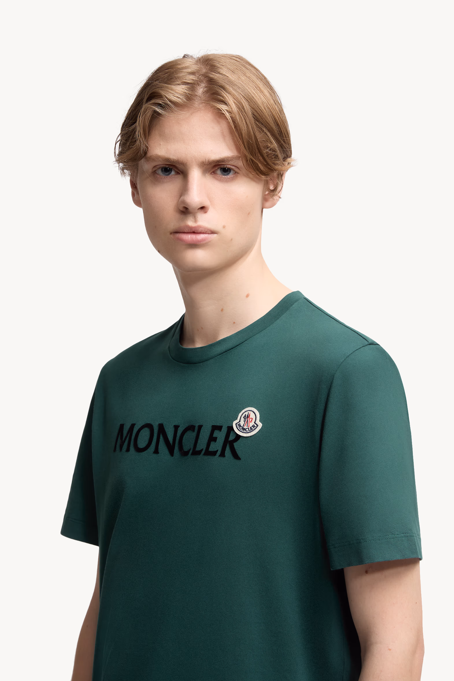 Flocked Logo Cotton T-Shirt Men Leaf Green Moncler 4